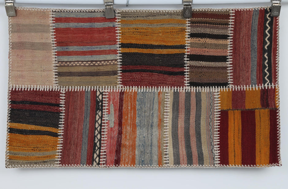 2x3 Vintage Turkish Tapestry Rug, Wool Patchwork Kilim Wall Hanging, Woven Textile Wall Art