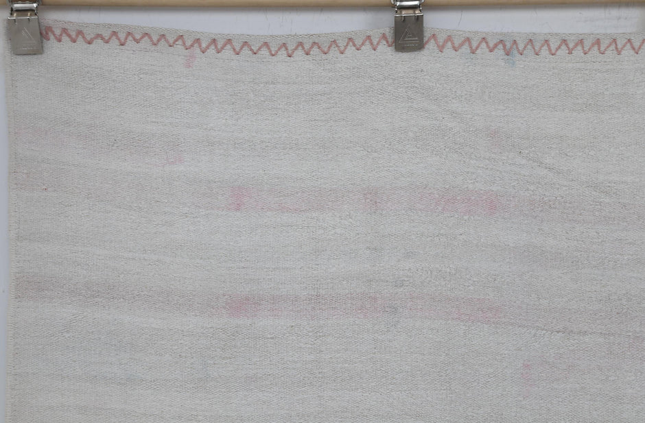 7x10 Vintage Turkish Hemp Rug, White Pink Striped Kilim, Minimalist Handwoven Area Rug