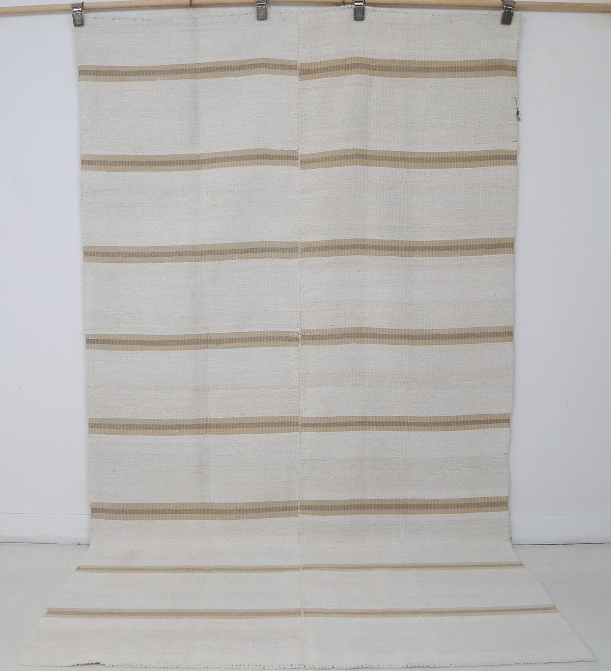 5x8 Vintage Turkish Hemp Rug, White Beige Striped Kilim, Minimalist Handwoven Area Rug