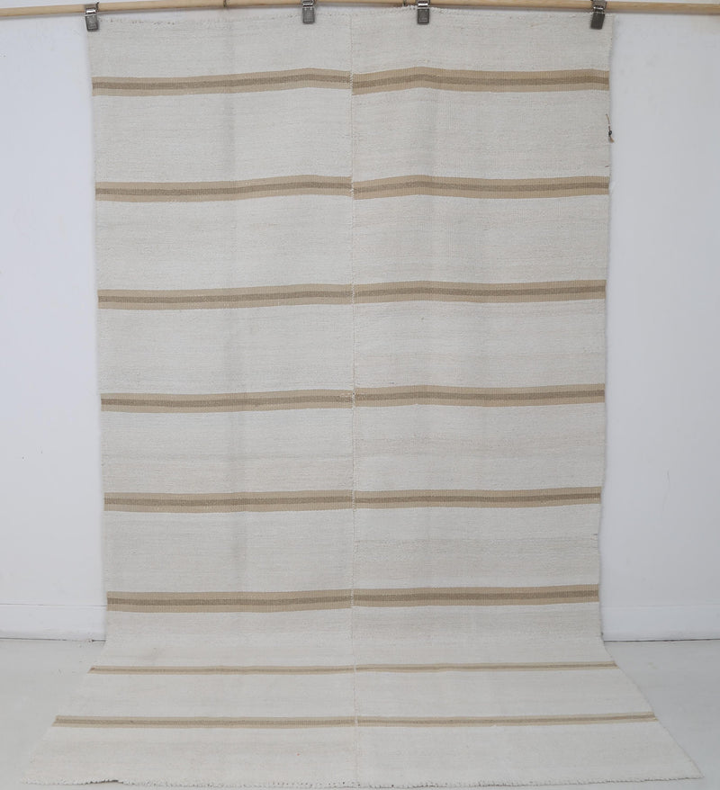 5x8 Vintage Turkish Hemp Rug, White Beige Striped Kilim, Minimalist Handwoven Area Rug