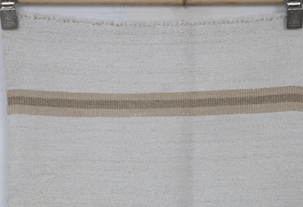 5x8 Vintage Turkish Hemp Rug, White Beige Striped Kilim, Minimalist Handwoven Area Rug