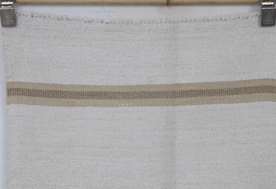 5x8 Vintage Turkish Hemp Rug, White Beige Striped Kilim, Minimalist Handwoven Area Rug