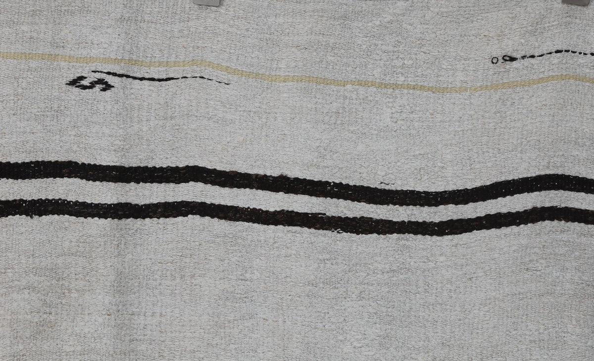 8x10 Vintage Turkish Hemp Rug, White Black Striped Kilim with Red Accents, Large Handwoven Area Rug