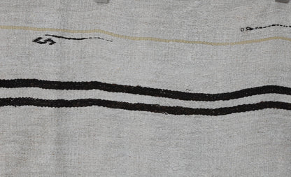 8x10 Vintage Turkish Hemp Rug, White Black Striped Kilim with Red Accents, Large Handwoven Area Rug
