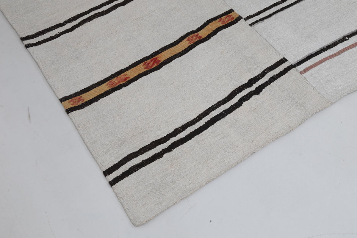 8x10 Vintage Turkish Hemp Rug, White Black Striped Kilim with Red Accents, Large Handwoven Area Rug