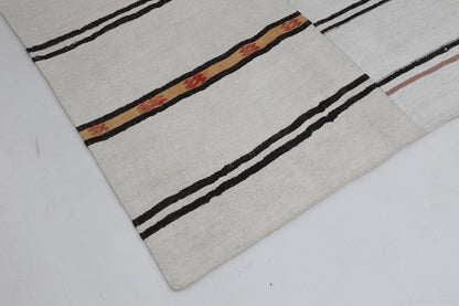 8x10 Vintage Turkish Hemp Rug, White Black Striped Kilim with Red Accents, Large Handwoven Area Rug