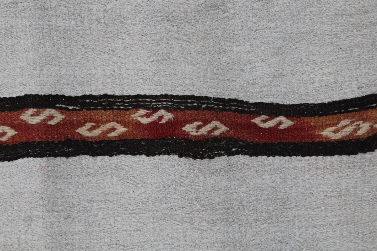 8x10 Vintage Turkish Hemp Rug, White Black Striped Kilim with Red Accents, Large Handwoven Area Rug