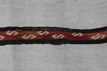 8x10 Vintage Turkish Hemp Rug, White Black Striped Kilim with Red Accents, Large Handwoven Area Rug