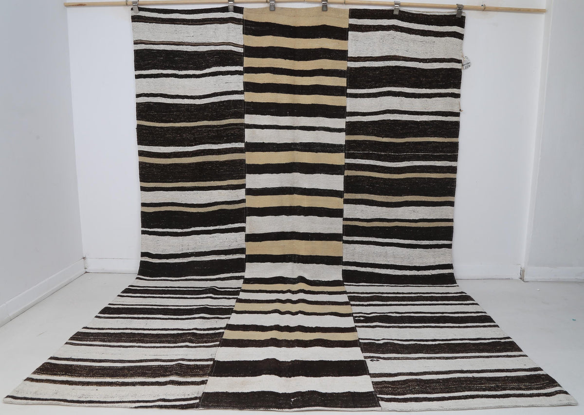 7x10 Vintage Turkish Hemp Rug, White Brown Striped Kilim, Large Handwoven Neutral Area Rug
