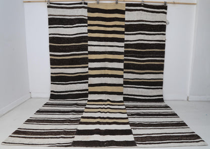 7x10 Vintage Turkish Hemp Rug, White Brown Striped Kilim, Large Handwoven Neutral Area Rug