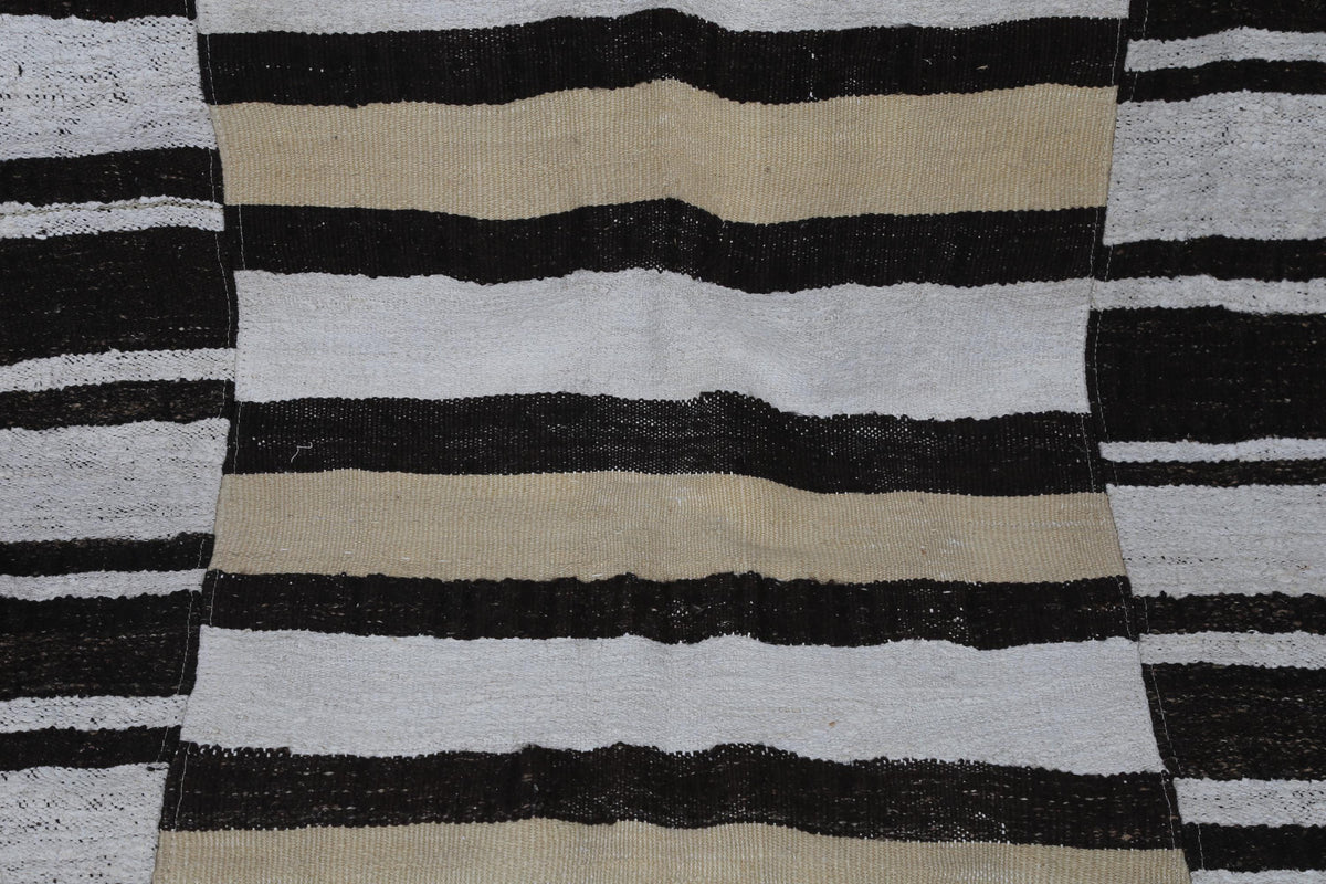 7x10 Vintage Turkish Hemp Rug, White Brown Striped Kilim, Large Handwoven Neutral Area Rug