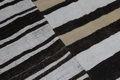 7x10 Vintage Turkish Hemp Rug, White Brown Striped Kilim, Large Handwoven Neutral Area Rug