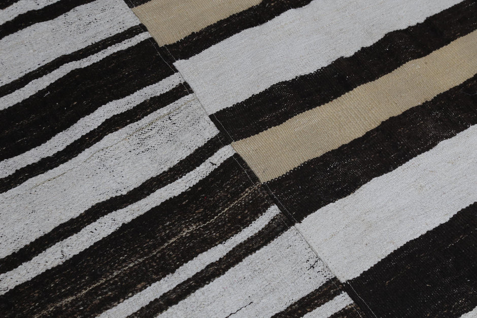 7x10 Vintage Turkish Hemp Rug, White Brown Striped Kilim, Large Handwoven Neutral Area Rug