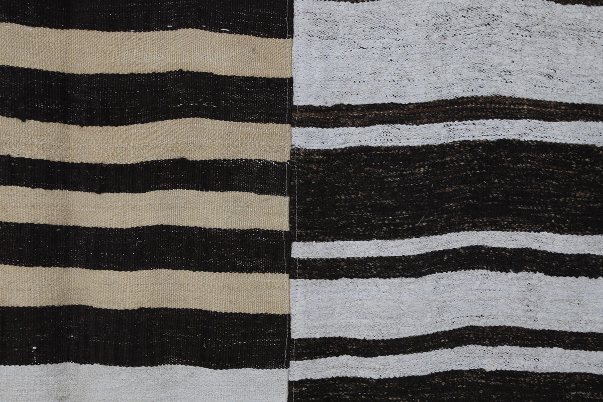 7x10 Vintage Turkish Hemp Rug, White Brown Striped Kilim, Large Handwoven Neutral Area Rug