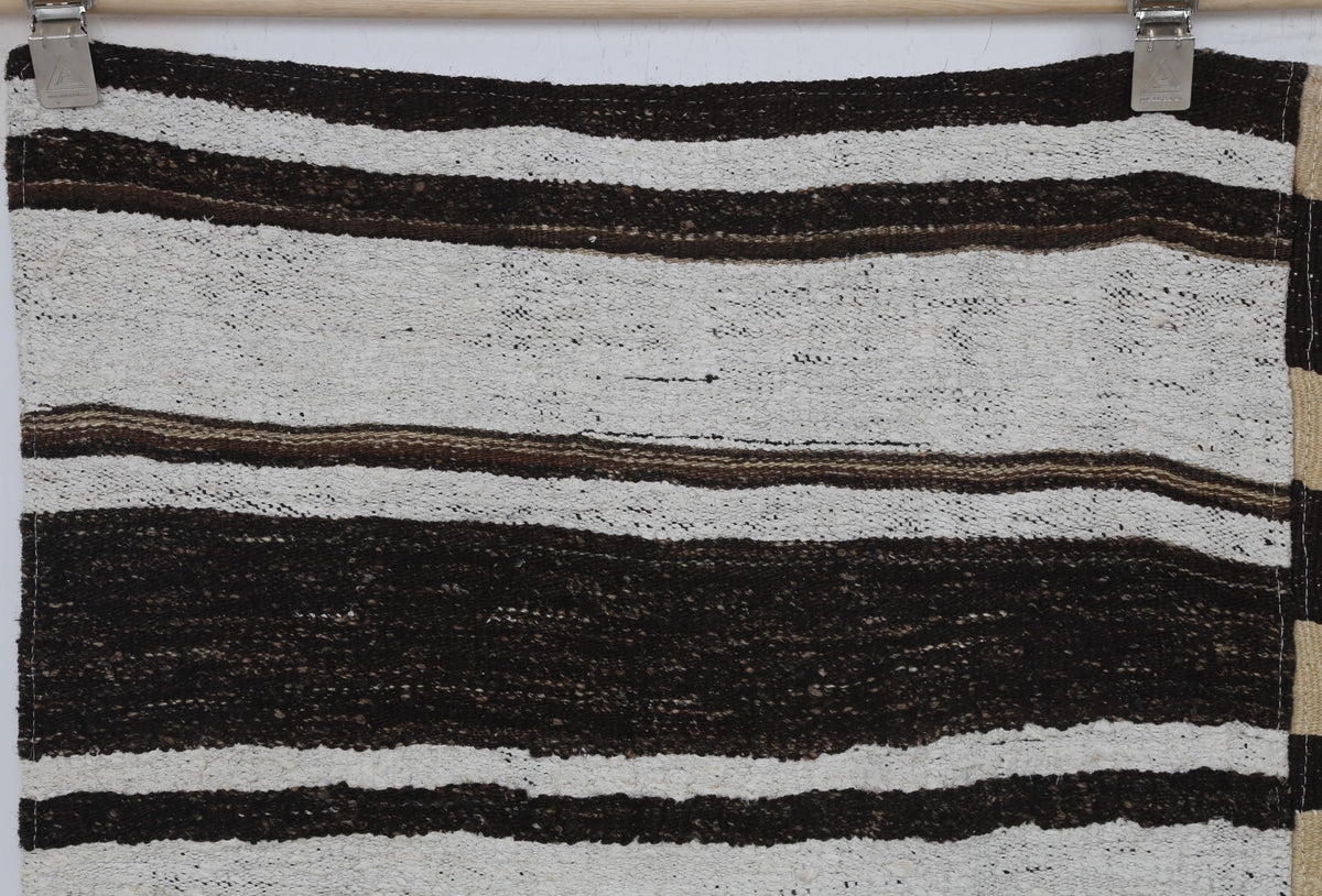7x10 Vintage Turkish Hemp Rug, White Brown Striped Kilim, Large Handwoven Neutral Area Rug