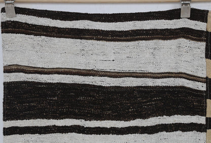7x10 Vintage Turkish Hemp Rug, White Brown Striped Kilim, Large Handwoven Neutral Area Rug