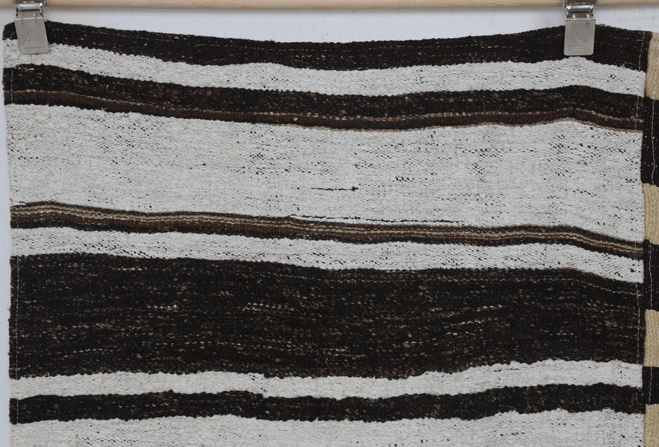 7x10 Vintage Turkish Hemp Rug, White Brown Striped Kilim, Large Handwoven Neutral Area Rug