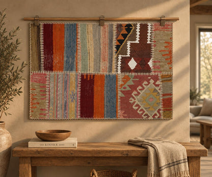 2x3 Vintage Turkish Tapestry Rug, Wool Patchwork Kilim Wall Hanging, Woven Textile Wall Art