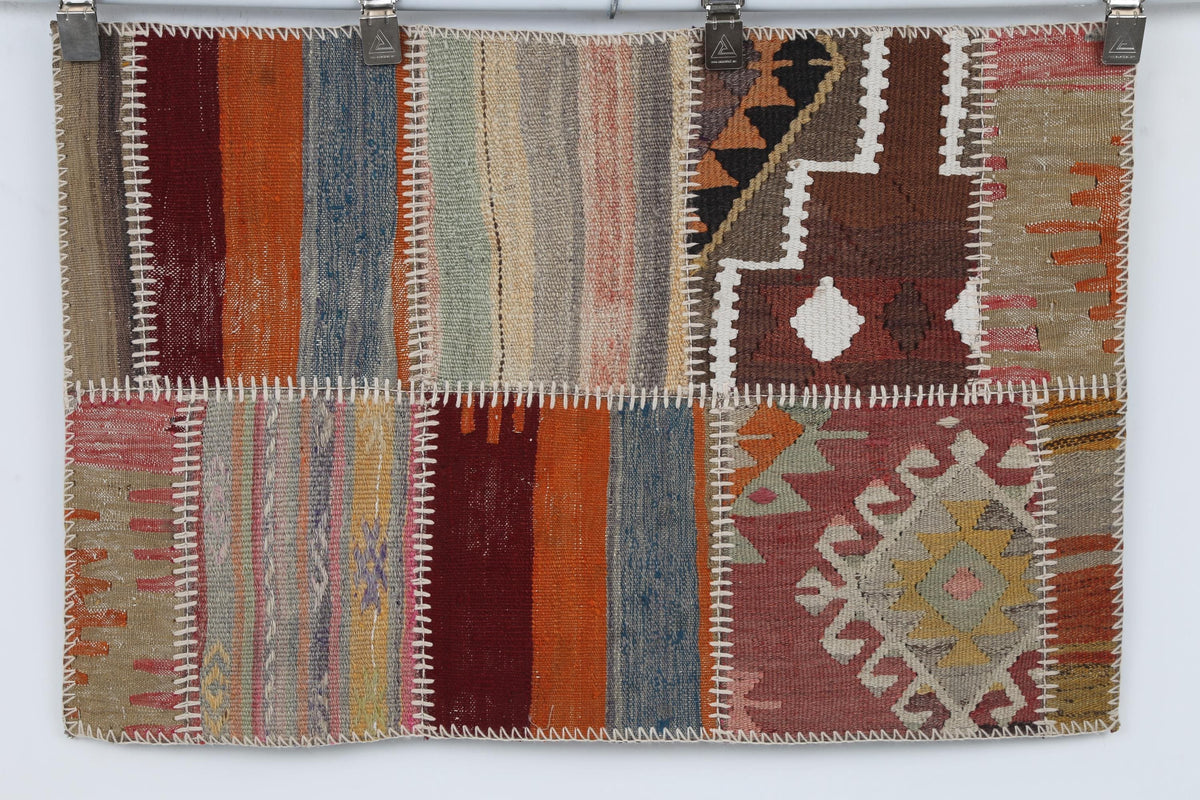 2x3 Vintage Turkish Tapestry Rug, Wool Patchwork Kilim Wall Hanging, Woven Textile Wall Art
