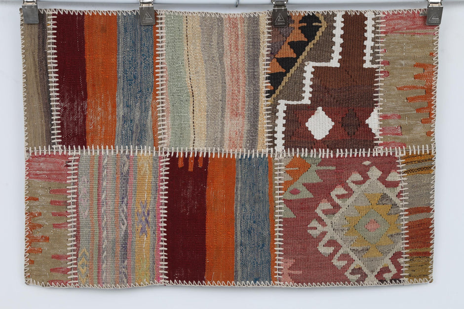 2x3 Vintage Turkish Tapestry Rug, Wool Patchwork Kilim Wall Hanging, Woven Textile Wall Art