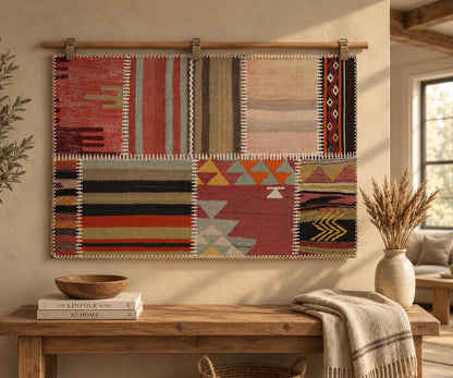 2x3 Vintage Turkish Tapestry Rug, Wool Patchwork Kilim Wall Hanging, Geometric Woven Textile Art