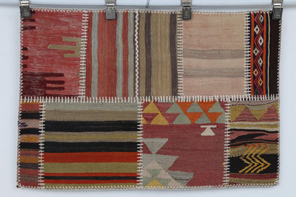2x3 Vintage Turkish Tapestry Rug, Wool Patchwork Kilim Wall Hanging, Geometric Woven Textile Art