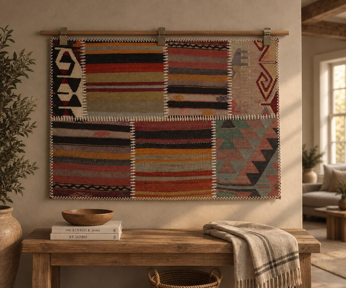 2x3 Vintage Turkish Tapestry Rug, Wool Patchwork Kilim Wall Hanging, Striped Geometric Textile Art
