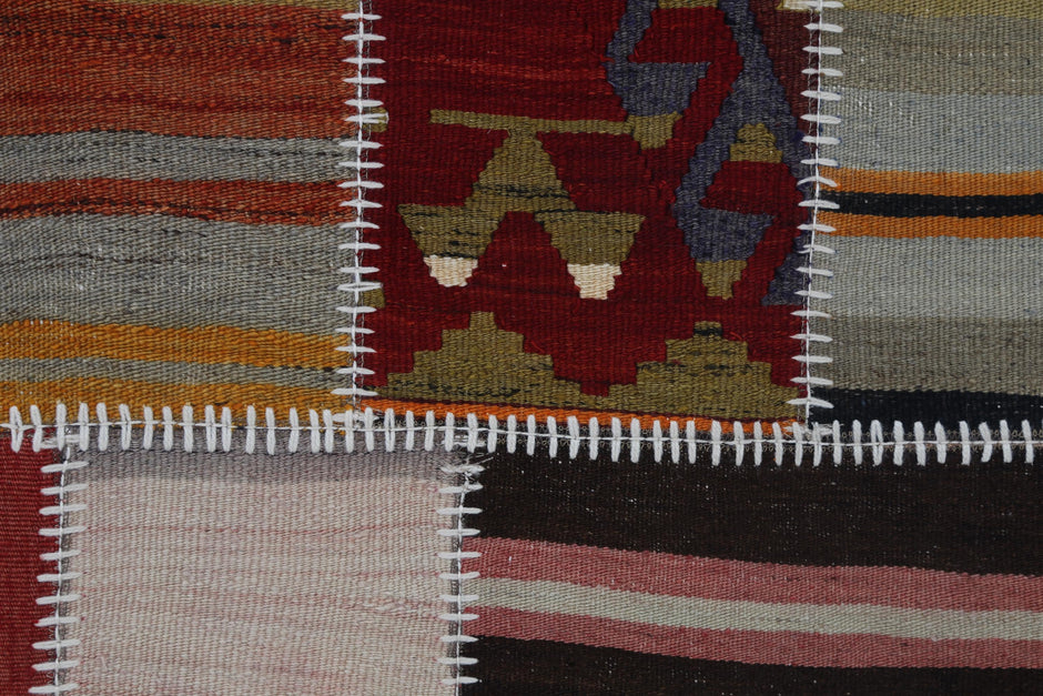 2x3 Vintage Turkish Tapestry Rug, Wool Patchwork Kilim Wall Hanging, Earthy Striped Textile Wall Art