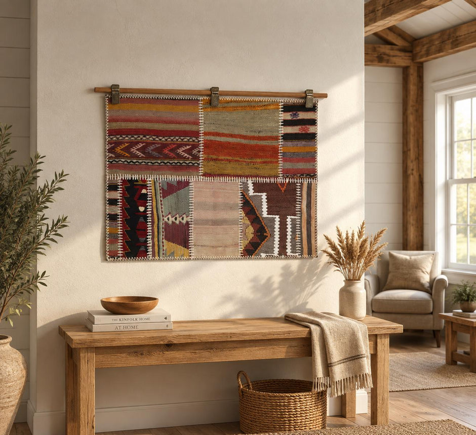 2x3 Vintage Turkish Tapestry Rug, Wool Patchwork Kilim Wall Hanging, Earthy Geometric Textile Wall Art