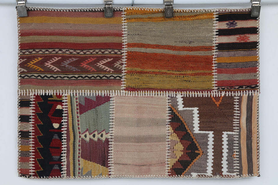 2x3 Vintage Turkish Tapestry Rug, Wool Patchwork Kilim Wall Hanging, Earthy Geometric Textile Wall Art