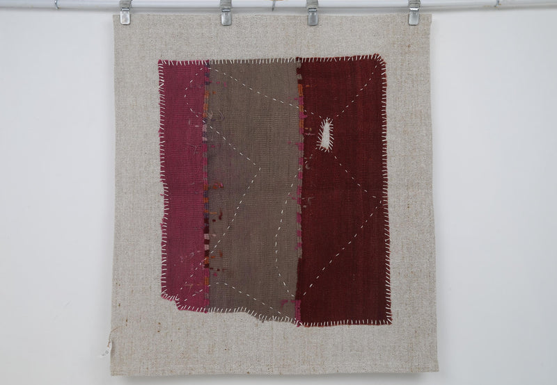 Vintage Turkish Tapestry Rug, Burgundy Gray Color Block (3'6" x 3'11")