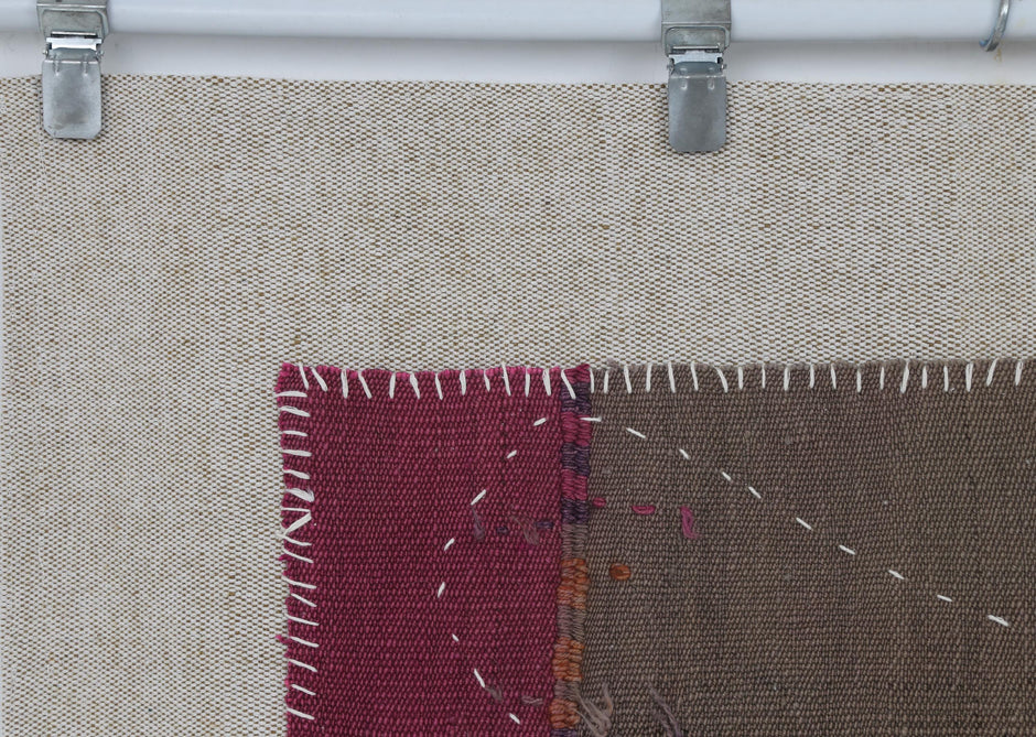 3x4 Vintage Turkish Wool Tapestry Rug, Hand Stitched Textile Wall Hanging, Minimalist Woven Wall Art