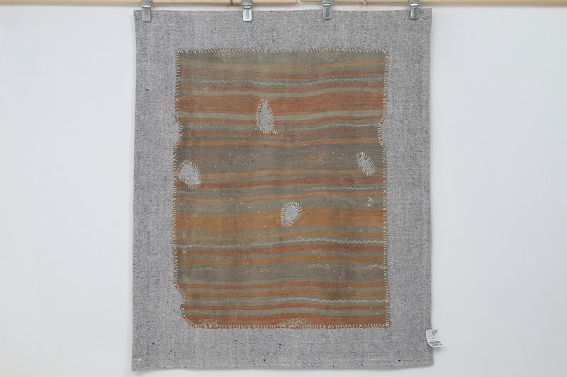 Vintage Turkish Tapestry Rug, Brown Orange Faded Striped Wall Hanging (3'7" x 4'3")