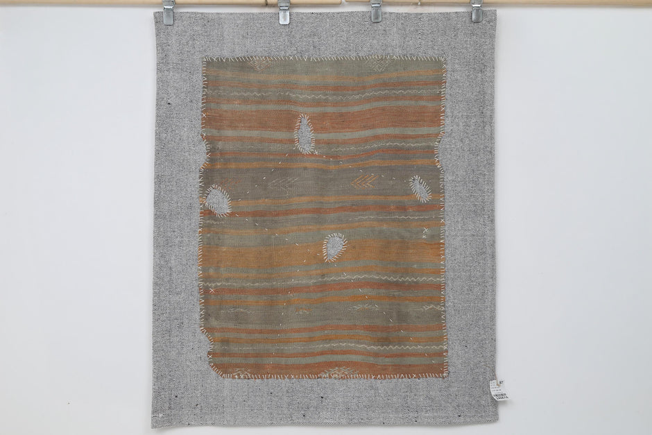 3x4 Vintage Turkish Tapestry Rug, Striped Wool Textile Wall Hanging, Earth Tone Fiber Wall Art