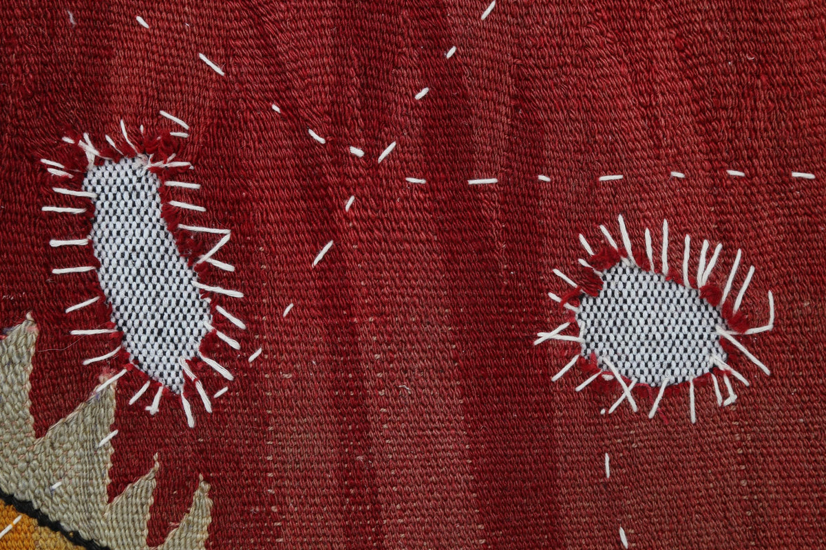3x4 Vintage Turkish Tapestry Rug, Red Wool Textile Wall Hanging, Geometric Kilim Fiber Wall Art
