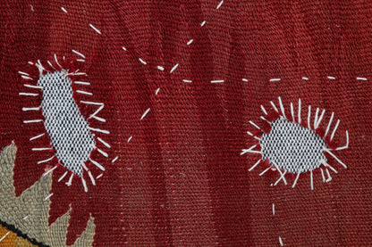 3x4 Vintage Turkish Tapestry Rug, Red Wool Textile Wall Hanging, Geometric Kilim Fiber Wall Art