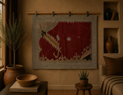 3x4 Vintage Turkish Tapestry Rug, Red Wool Textile Wall Hanging, Geometric Kilim Fiber Wall Art