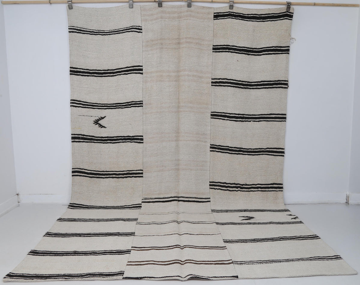 6x10 Vintage Turkish Hemp Rug, Beige Black Patchwork Kilim, Large Handwoven Striped Area Rug