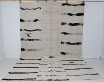 6x10 Vintage Turkish Hemp Rug, Beige Black Patchwork Kilim, Large Handwoven Striped Area Rug