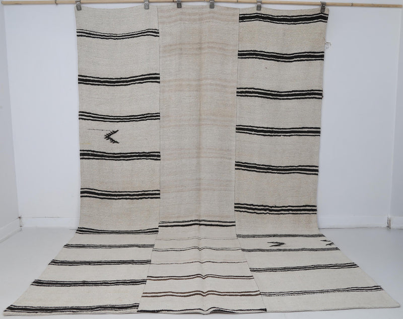 6x10 Vintage Turkish Hemp Rug, Beige Black Patchwork Kilim, Large Handwoven Striped Area Rug