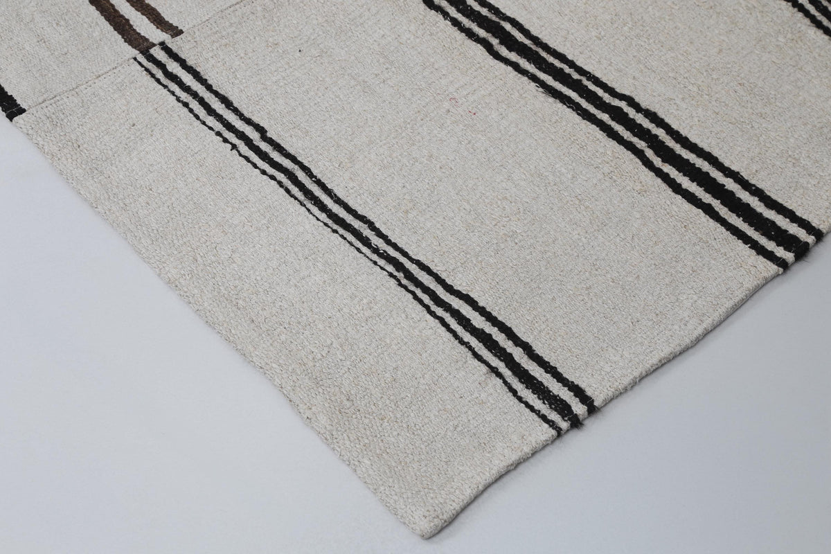 6x10 Vintage Turkish Hemp Rug, Beige Black Patchwork Kilim, Large Handwoven Striped Area Rug