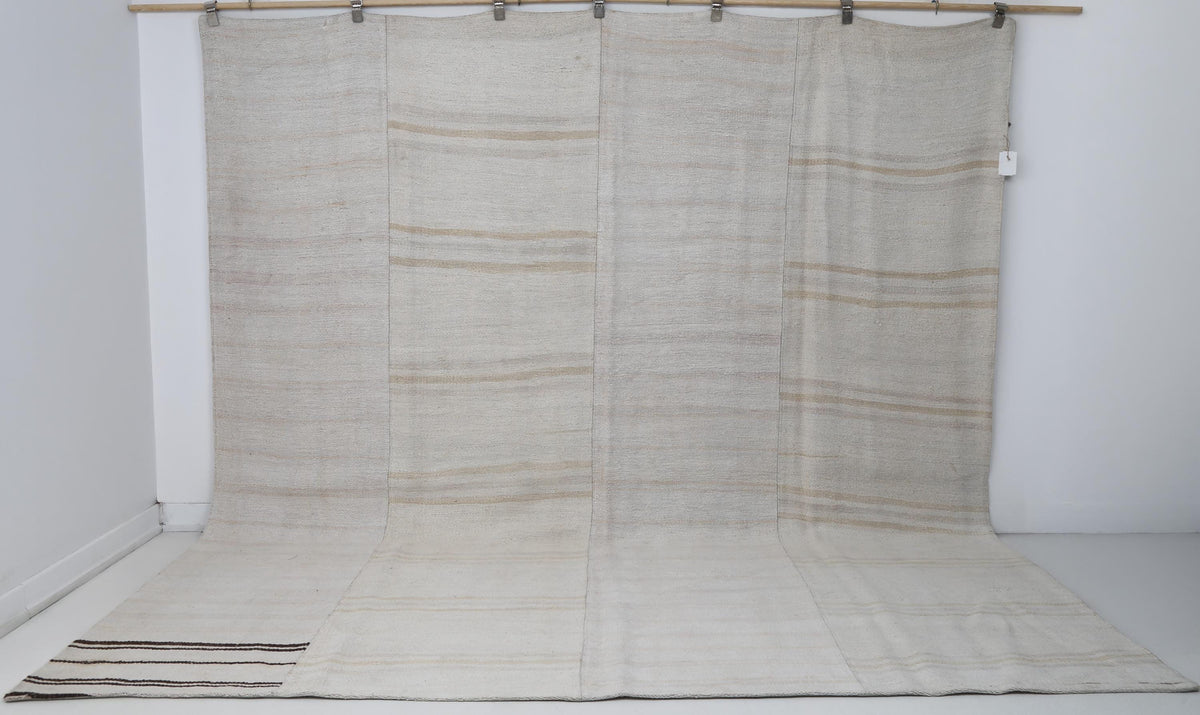 9x10 Vintage Turkish Hemp Rug, White Beige Striped Kilim, Large Handwoven Neutral Area Rug