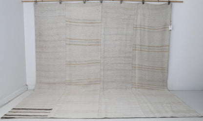 9x10 Vintage Turkish Hemp Rug, White Beige Striped Kilim, Large Handwoven Neutral Area Rug