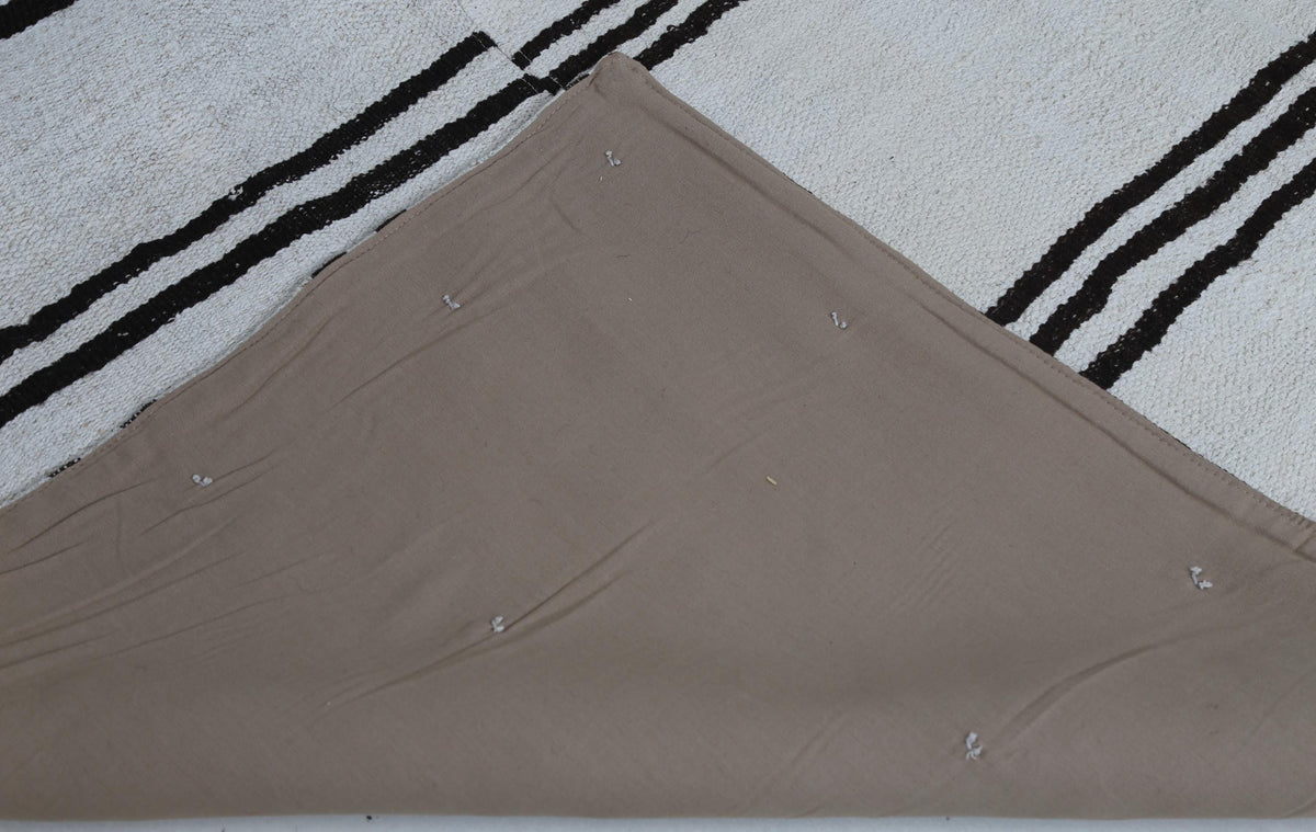 7x9 Vintage Turkish Hemp Rug, White Black Striped Kilim, Large Handwoven Neutral Area Rug