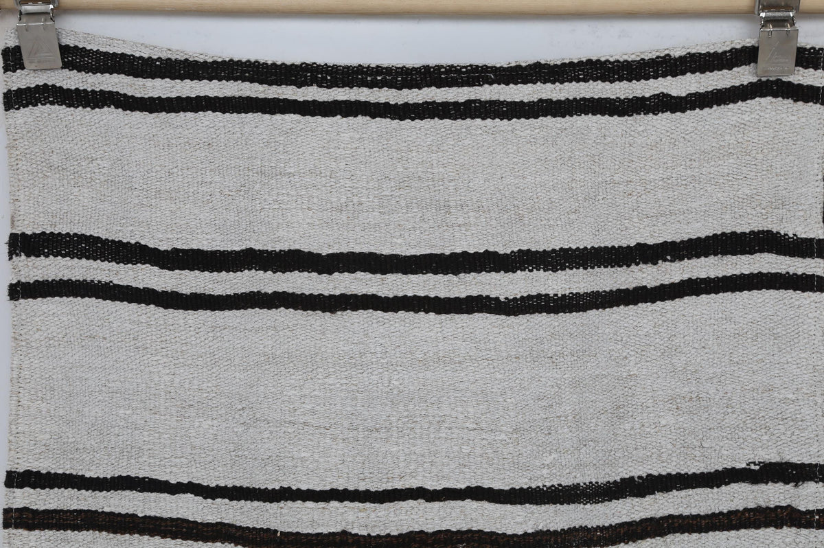 7x9 Vintage Turkish Hemp Rug, White Black Striped Kilim, Large Handwoven Neutral Area Rug
