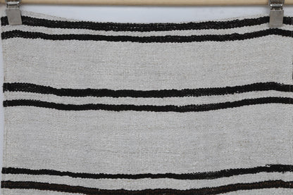 7x9 Vintage Turkish Hemp Rug, White Black Striped Kilim, Large Handwoven Neutral Area Rug