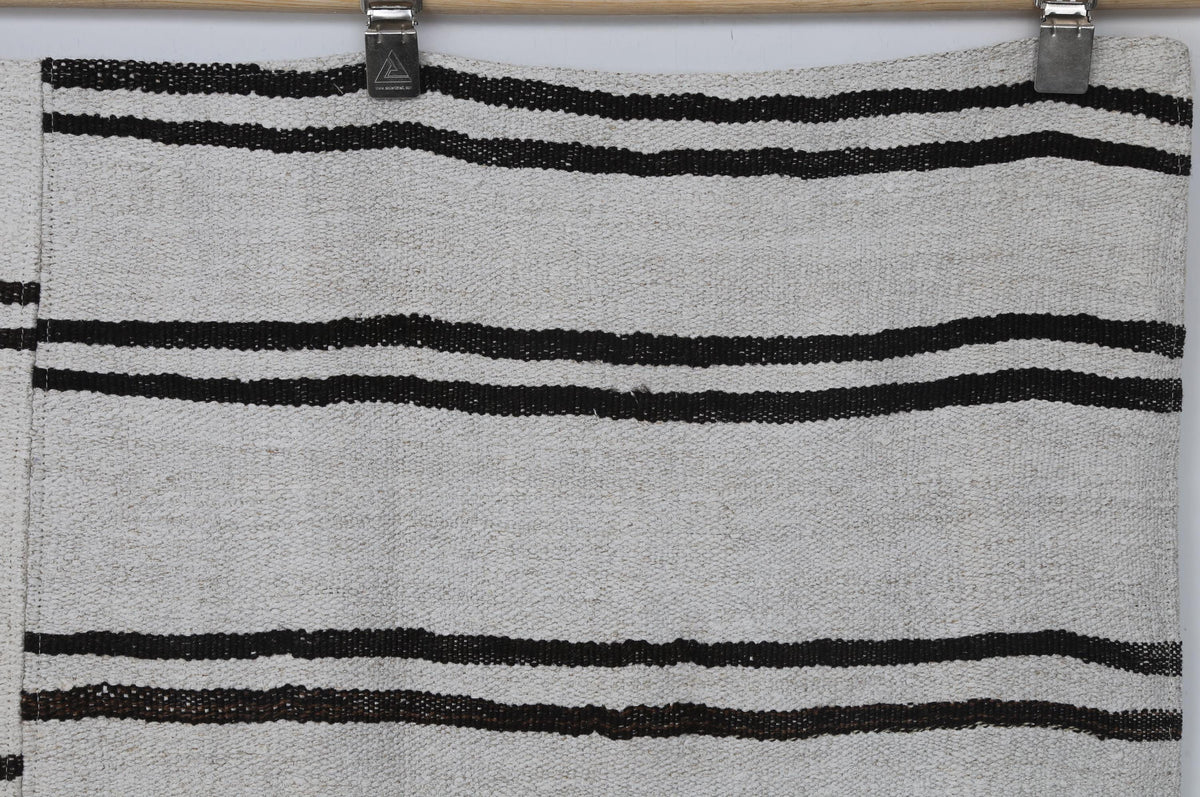 7x9 Vintage Turkish Hemp Rug, White Black Striped Kilim, Large Handwoven Neutral Area Rug