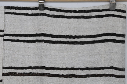 7x9 Vintage Turkish Hemp Rug, White Black Striped Kilim, Large Handwoven Neutral Area Rug