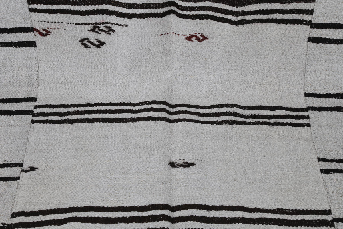 7x9 Vintage Turkish Hemp Rug, White Black Striped Kilim, Large Handwoven Neutral Area Rug