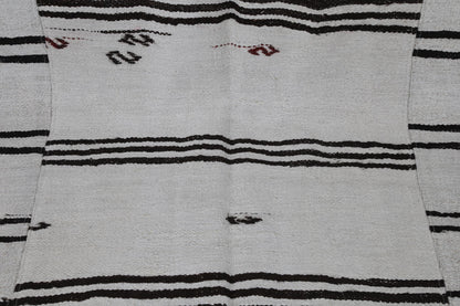 7x9 Vintage Turkish Hemp Rug, White Black Striped Kilim, Large Handwoven Neutral Area Rug